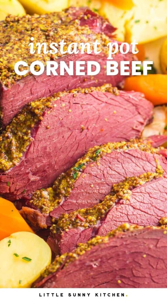 Close up shot of slices of corned beef, and overlay text that says "Instant pot corned beef"