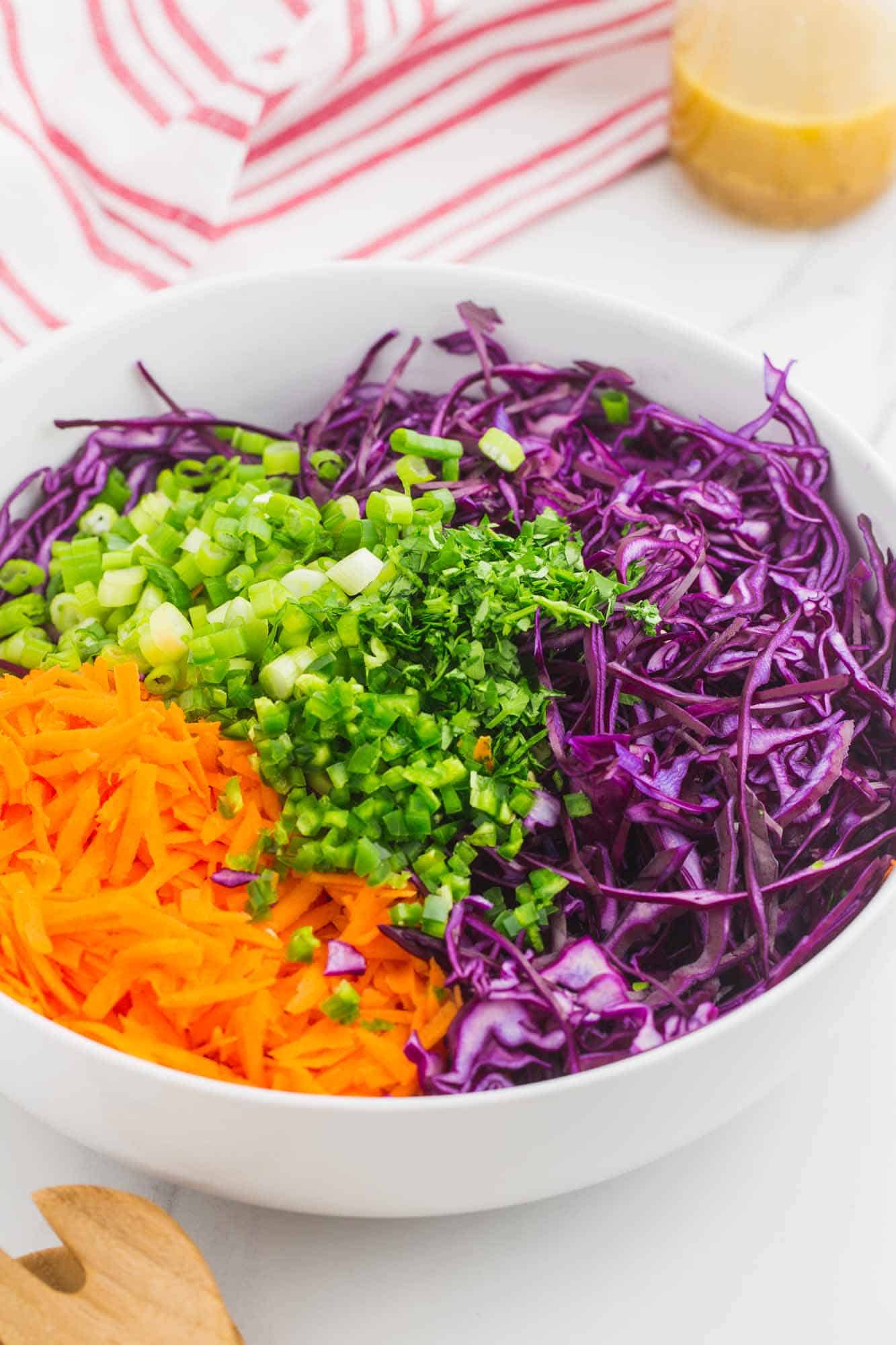 Slaw ingredients in a large white bowl before mixing
