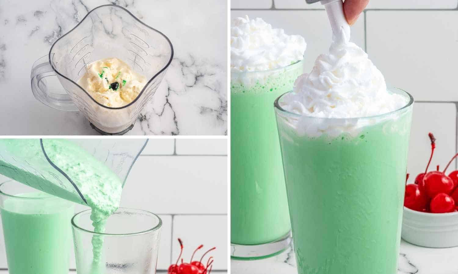 Collage of three images showing how to make shamrock shake