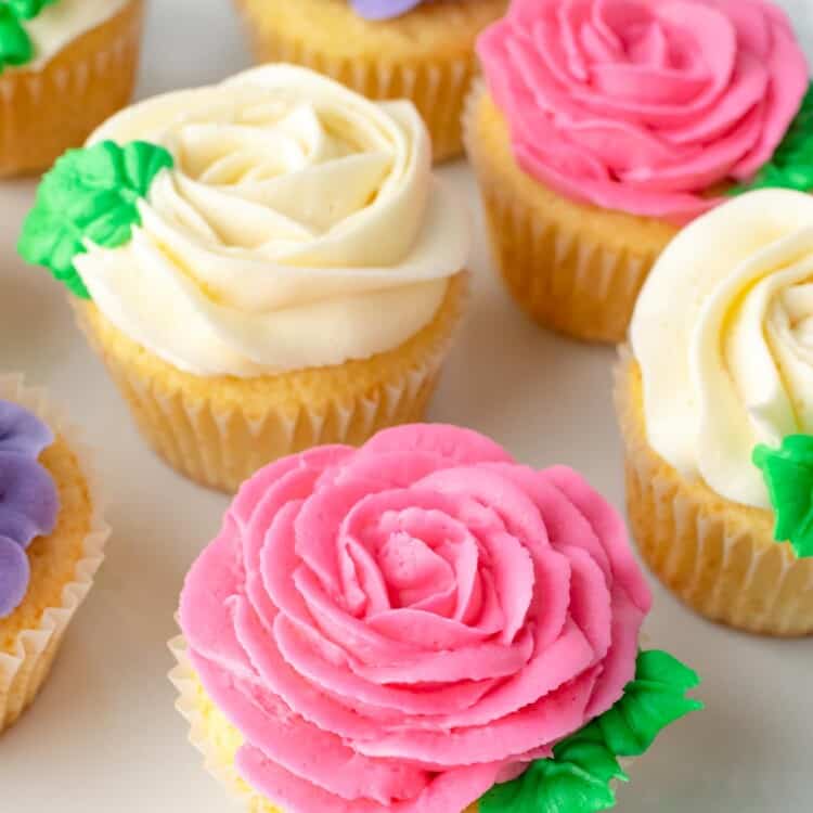 Flower cupcakes in 3 colors
