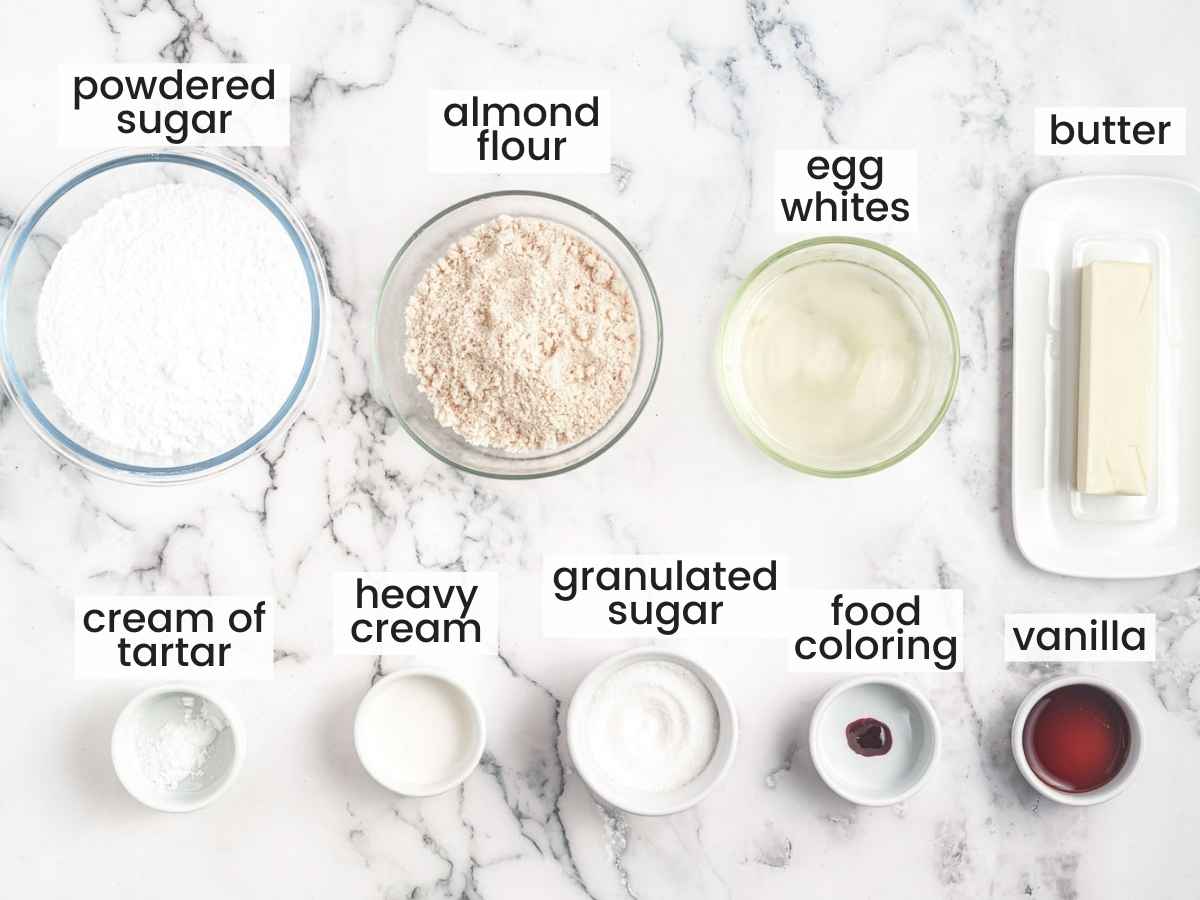 Ingredients needed for making heart shaped pink macarons