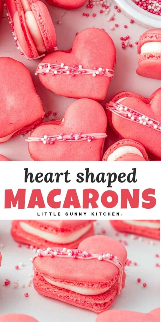 Heart shaped macarons in pink with sprinkles, and overlay text that says "heart shaped macarons"