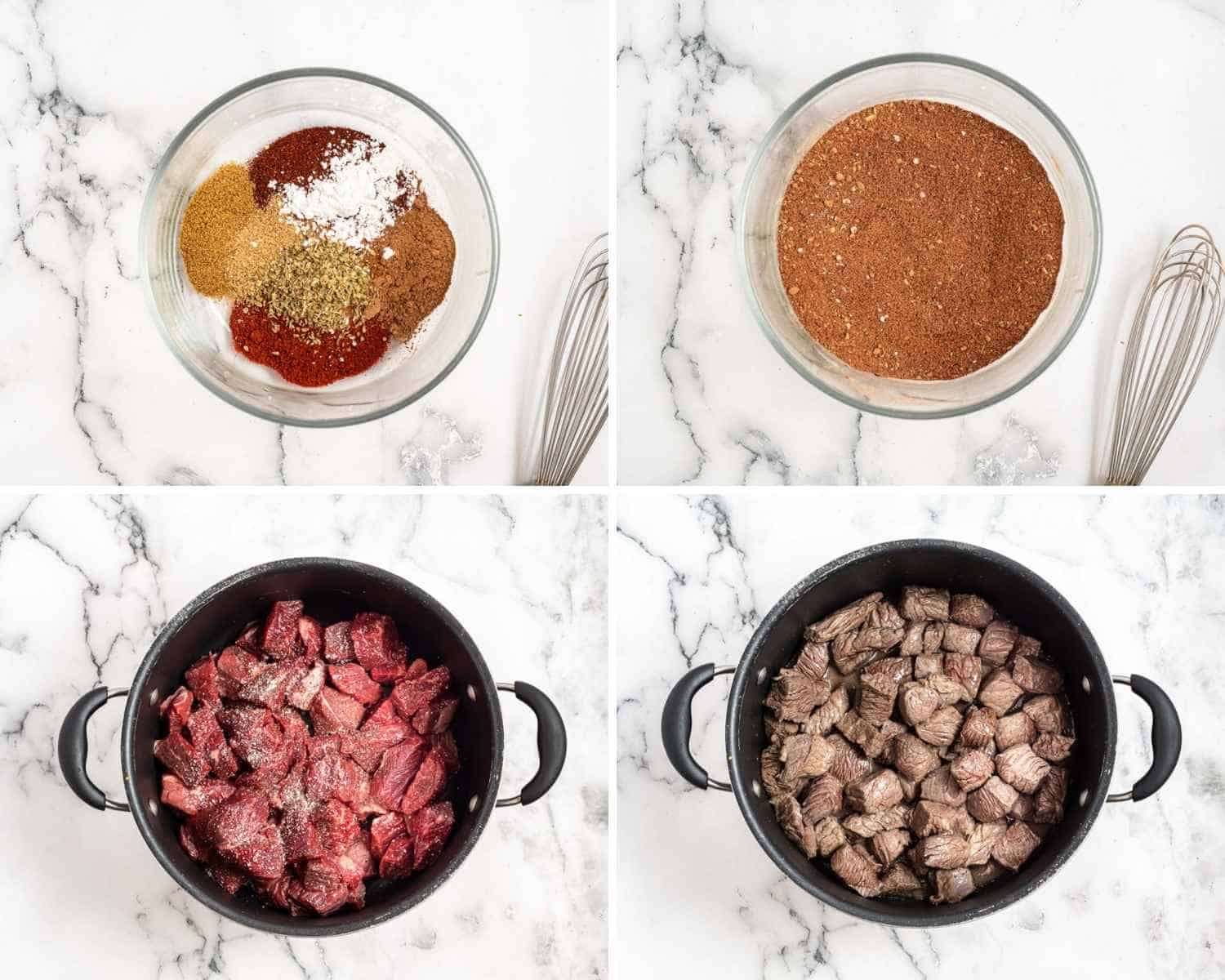 Collage of four images showing how to make texas chili