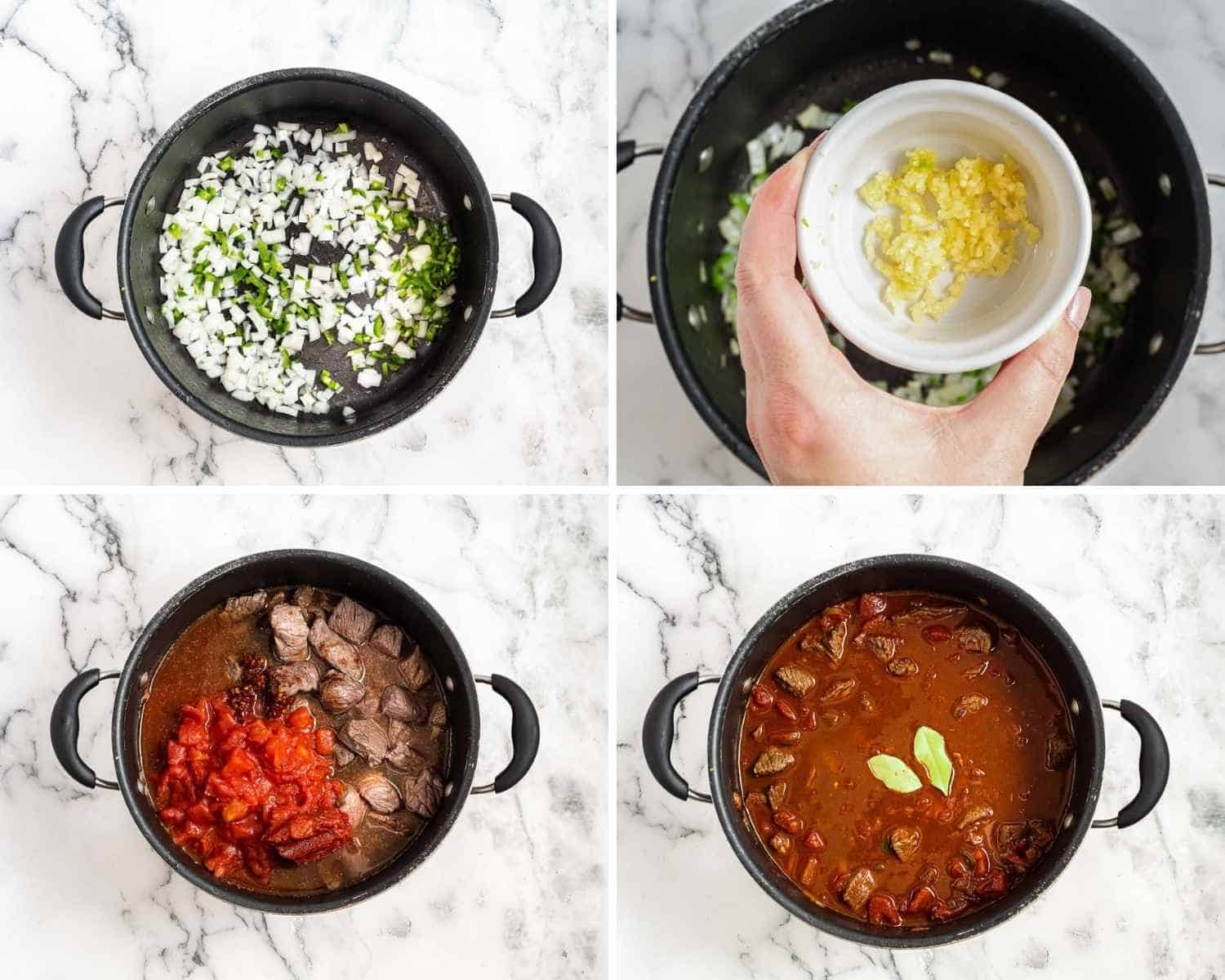 Collage of four images showing how to make texas chili