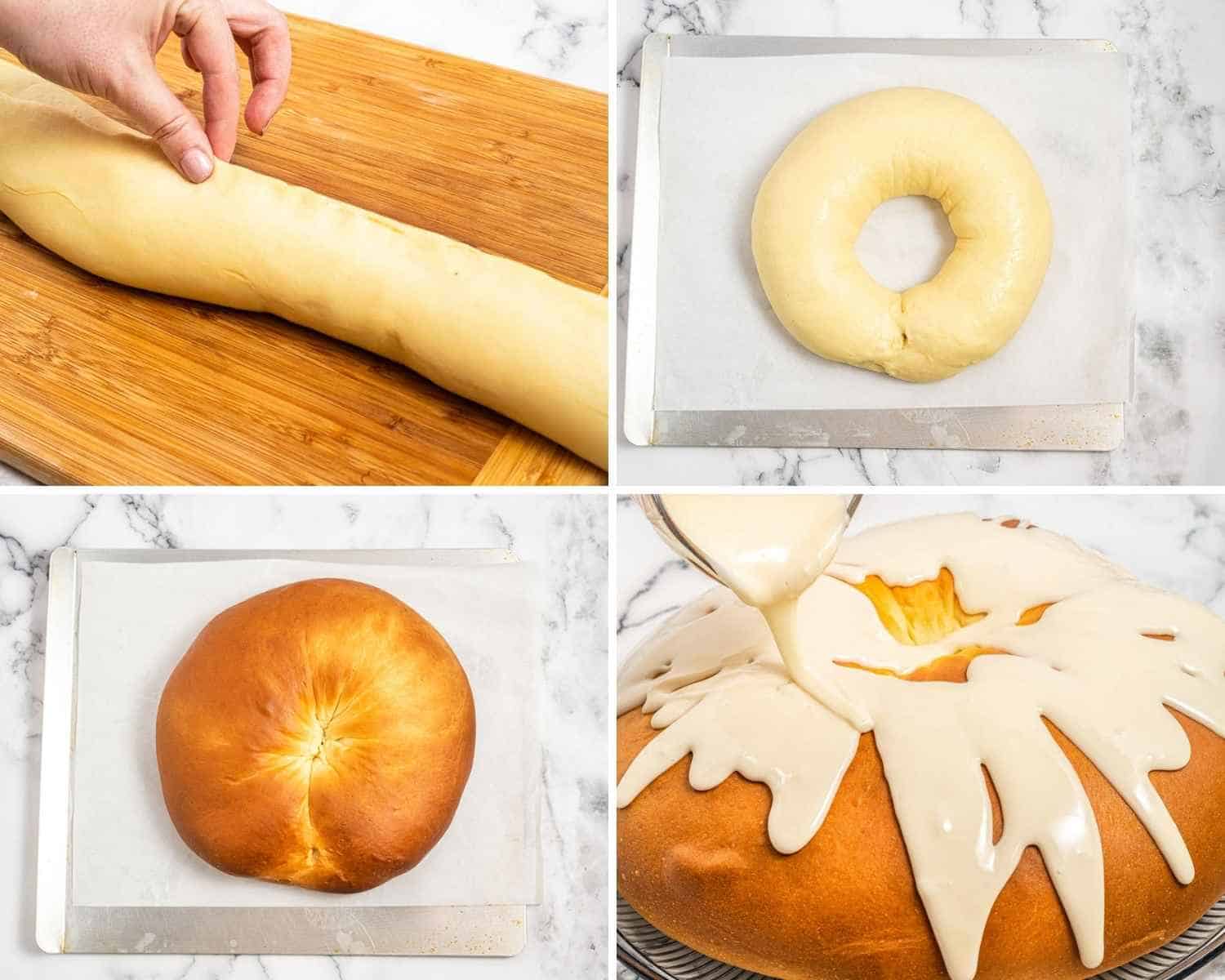 collage of 4 images showing how to bake king cake and ice it