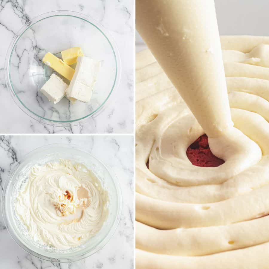 Collage of three images showing how to make cream cheese frosting and frost the cake