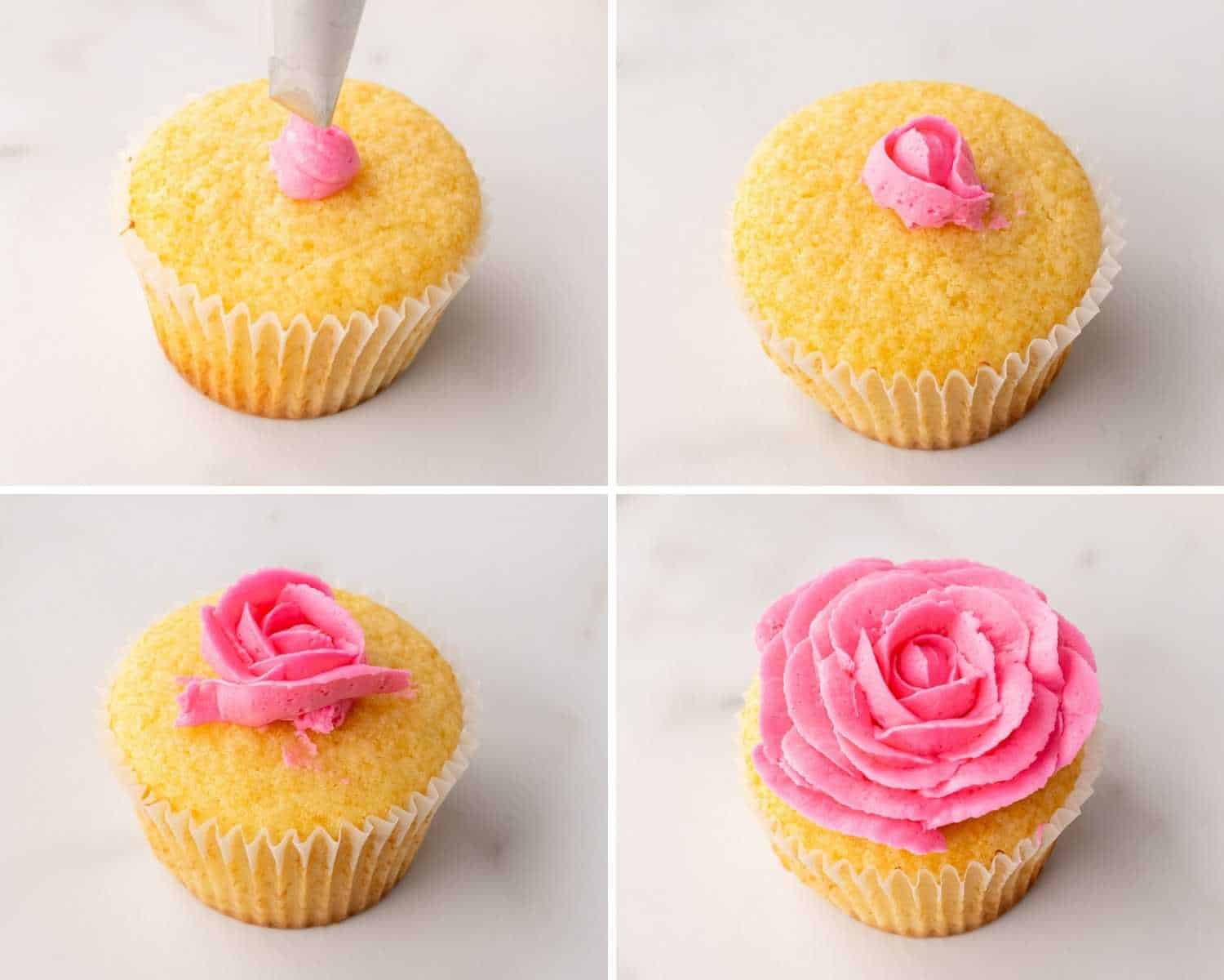 Collage of four images showing how to pipe a buttercream rose on a cupcake