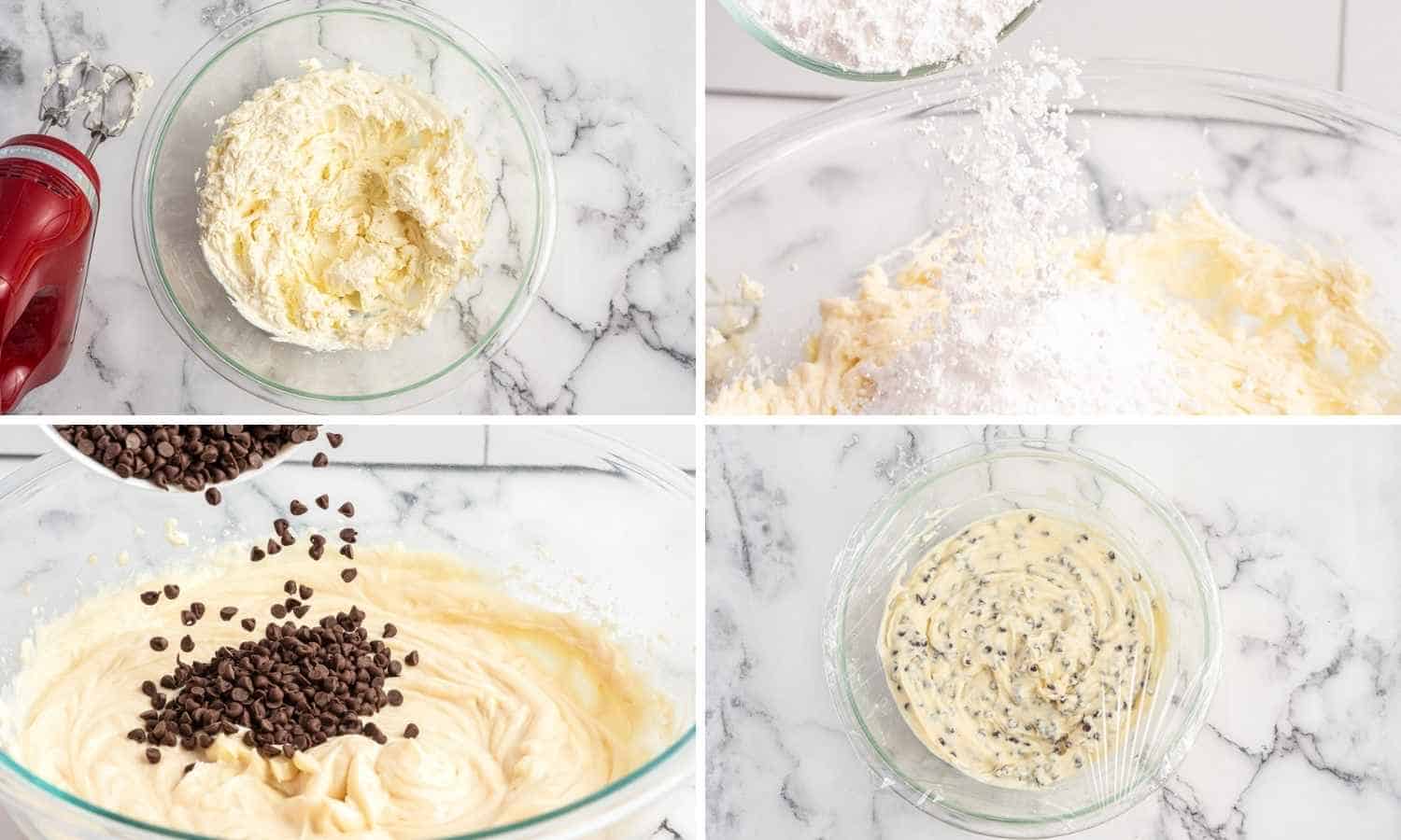Collage of four images showing how to make easy cannoli dip
