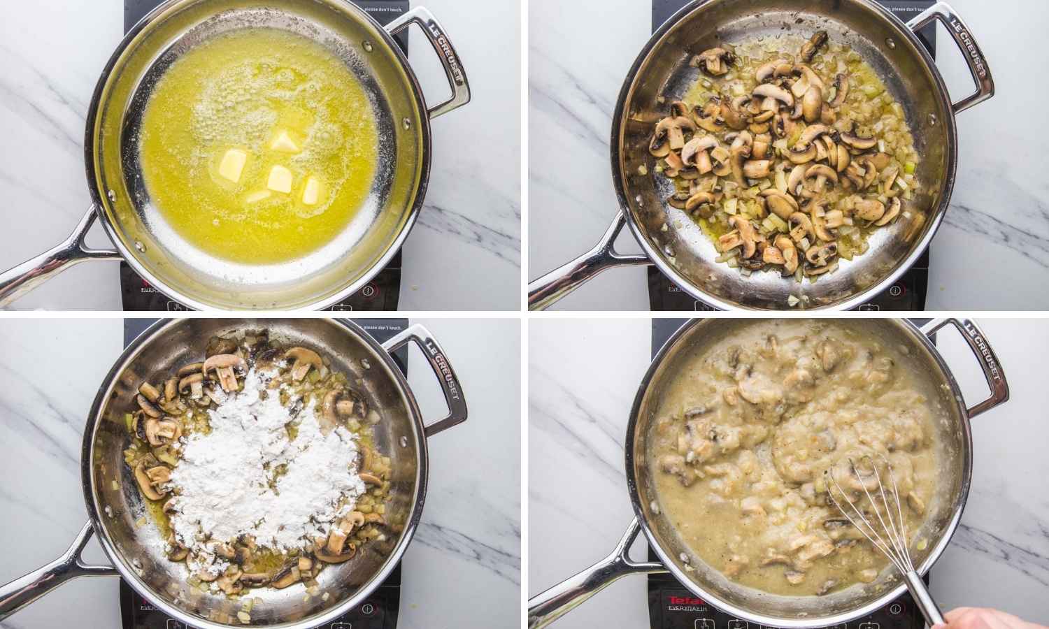 Collage of 4 images showing how to make chicken a la king