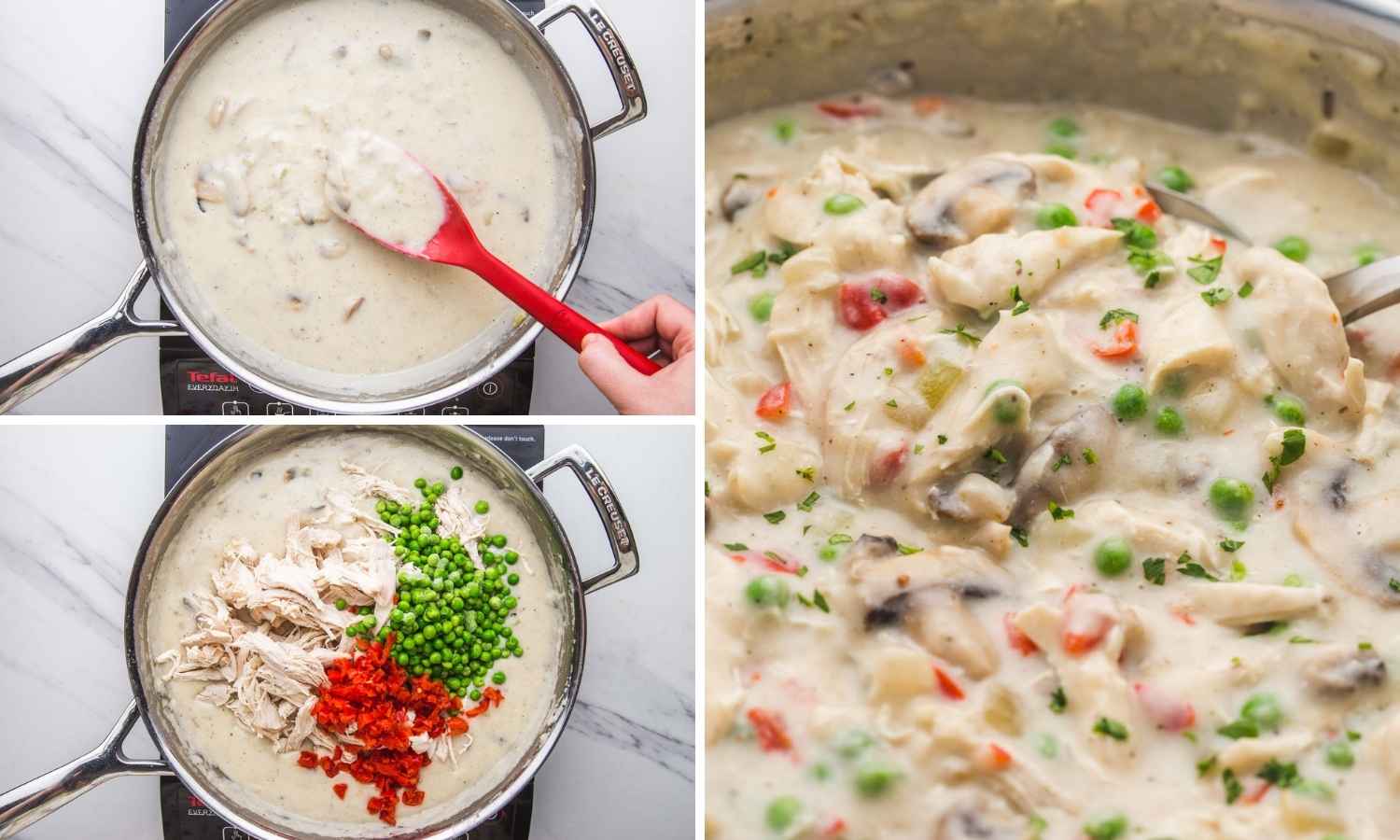 Collage of 3 images showing how to make chicken a la king