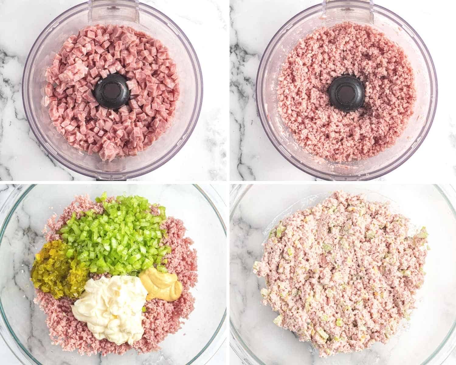 Collage of four images showing how to make ham salad in the food processor