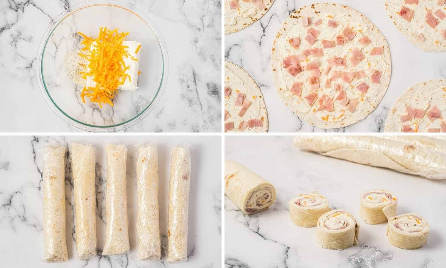 Collage of four images showing steps how to make ham and cheese roll ups