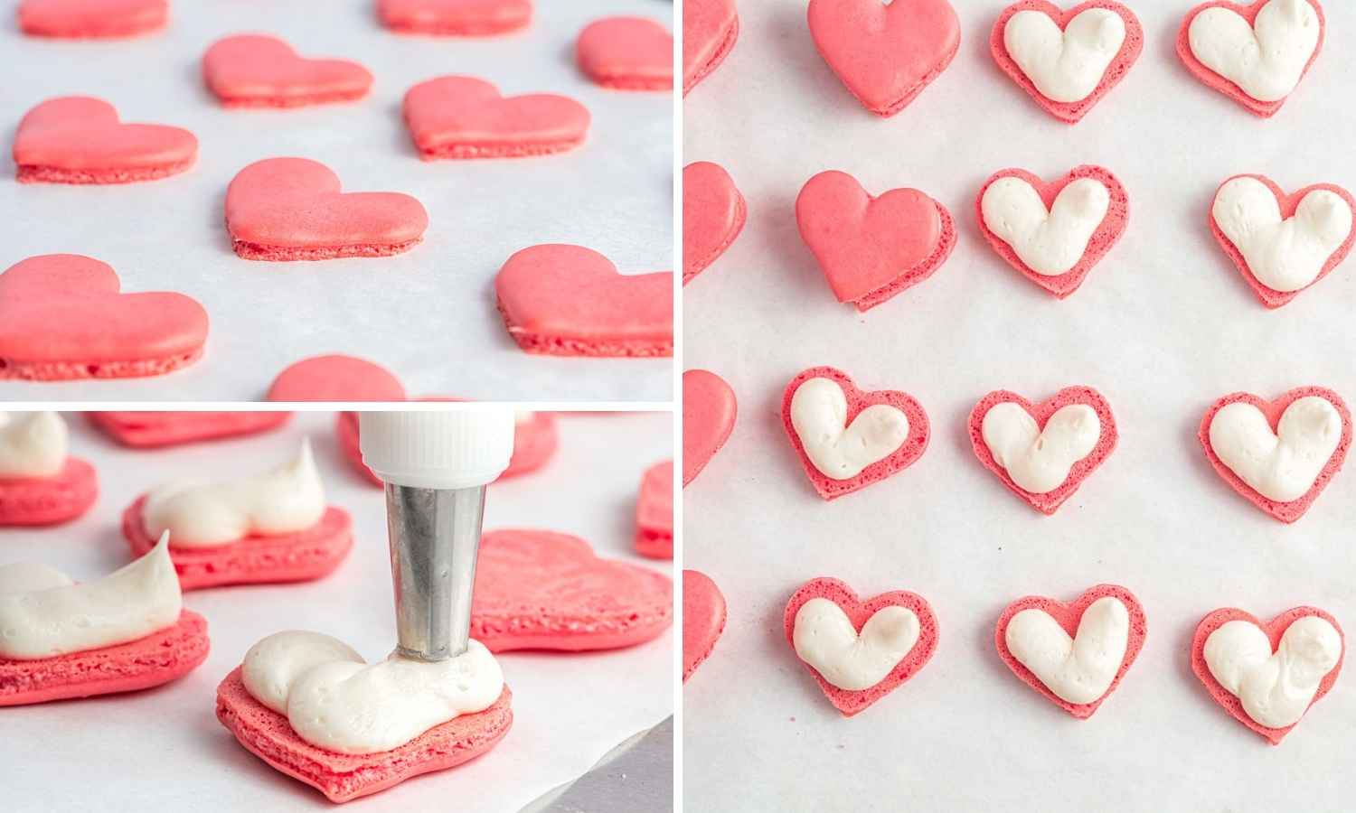 Collage of 3 images showing how to fill hear shaped macaron shells with buttercream