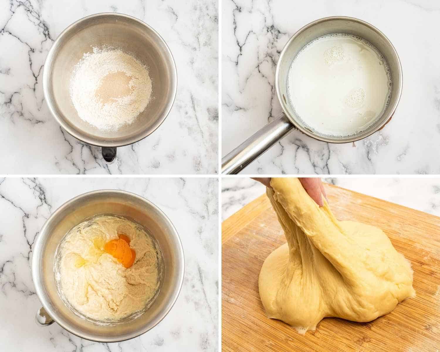 collage of 4 images showing how to make king cake dough