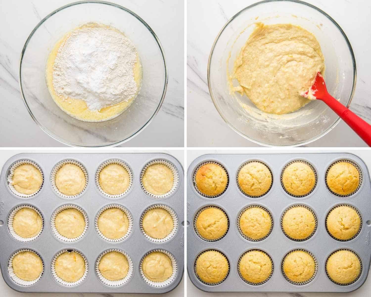 Collage of four images showing how to make orange muffins