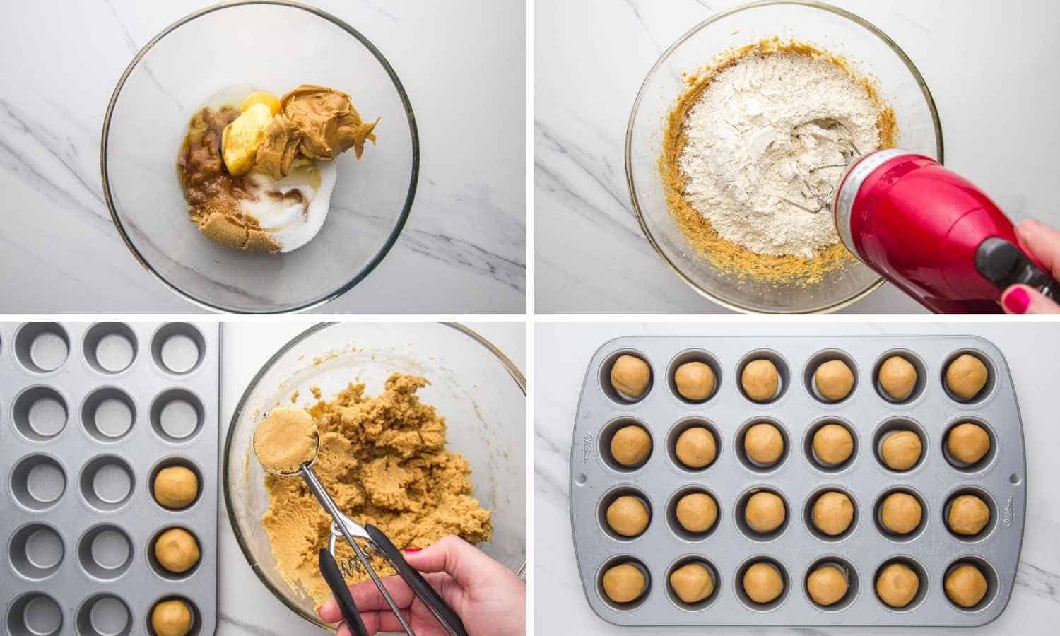 Collage of four images showing how to make the cookie dough and add it to the mini muffin pan
