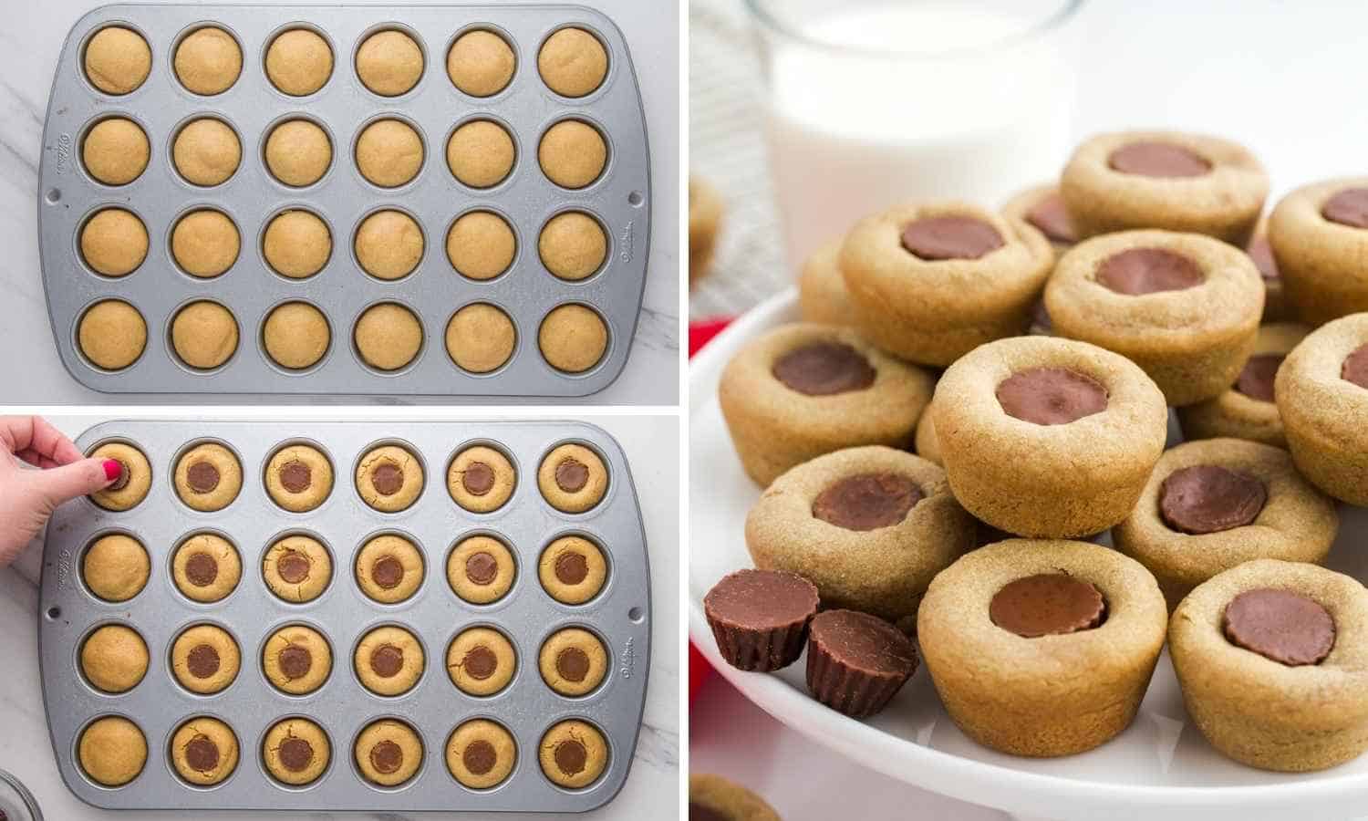 Collage of three images showing how to add mini peanut butter cups to the cookies