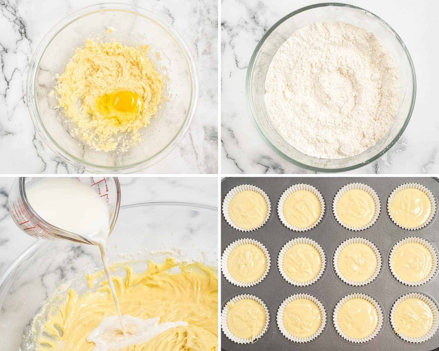 Collage of four images showing how to make vanilla cupcakes