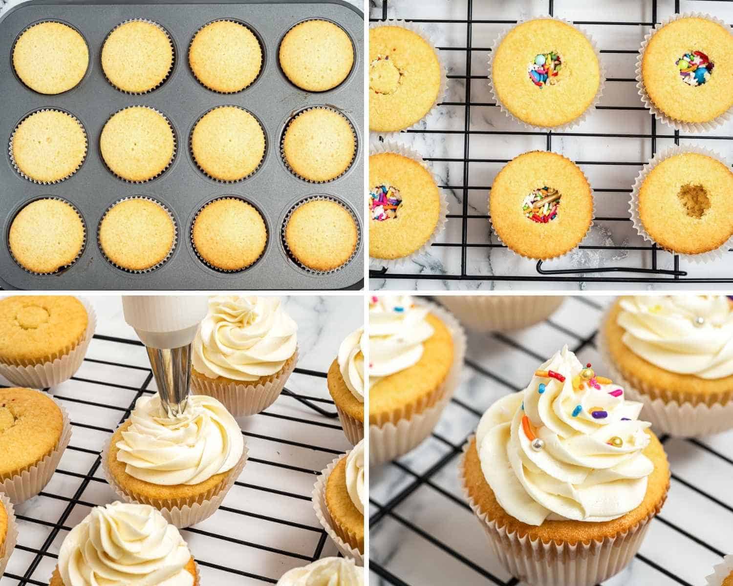 Collage of four images showing how to make Pinata cupcakes