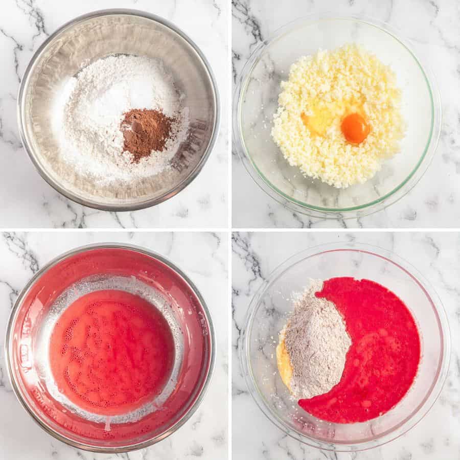 Collage of four images showing how to make red velvet cake batter