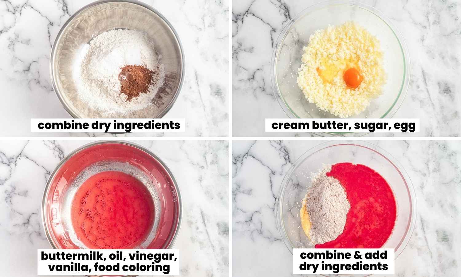 Collage of four images showing how to make red velvet cake batter