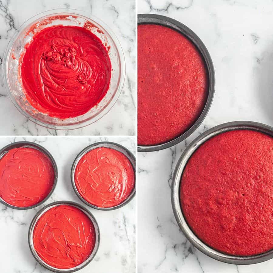 Collage of three images showing how to bake red velvet cake