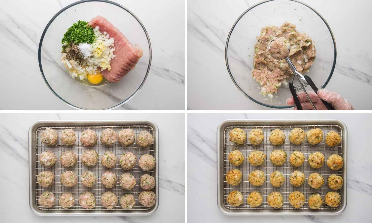 Collage of four images showing how to make turkey meatballs