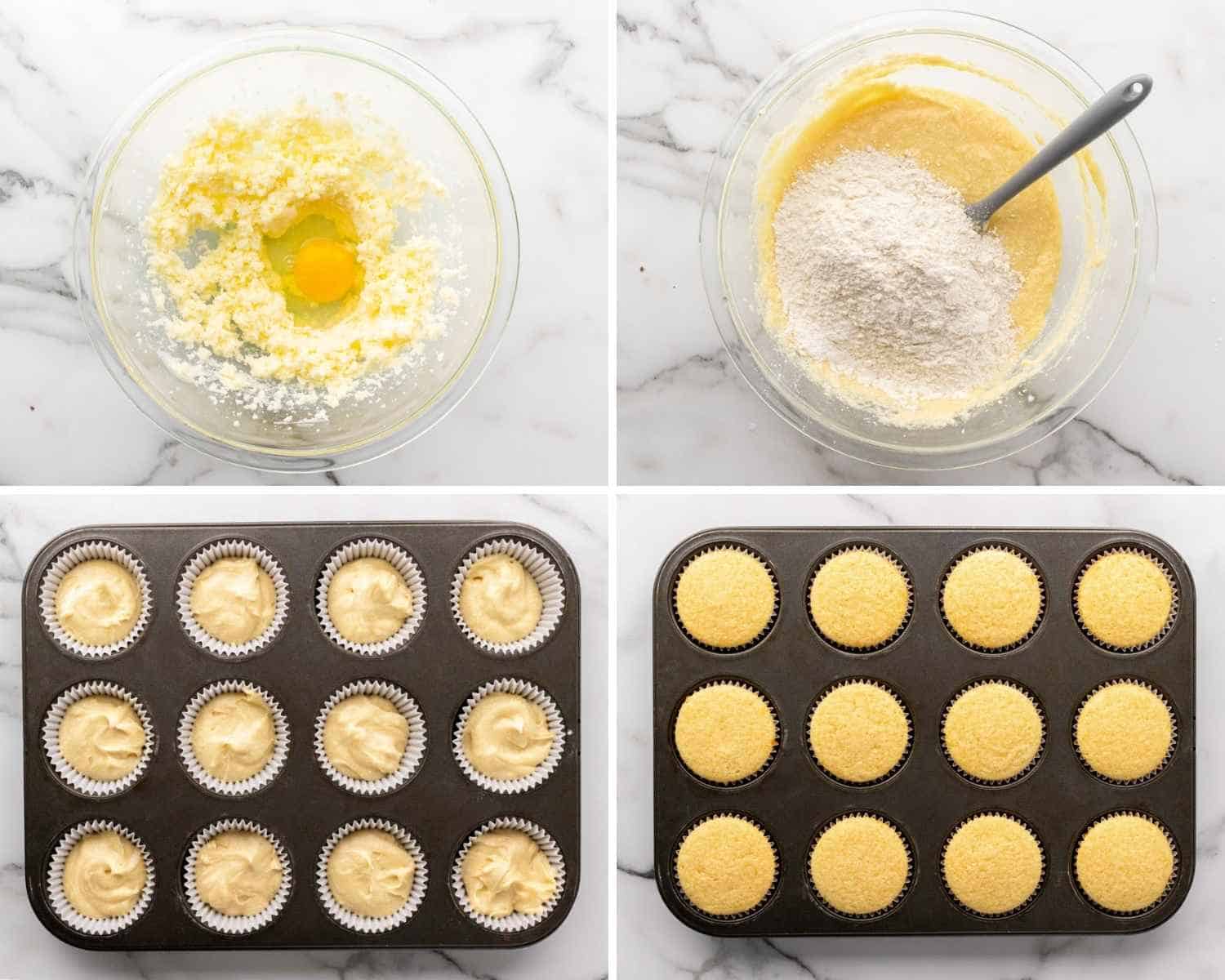 Collage of four images showing how to make vanilla cupcake base