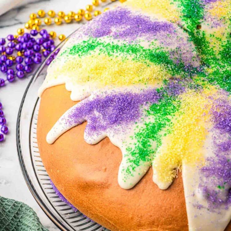 King cake with icing and sanding sugar
