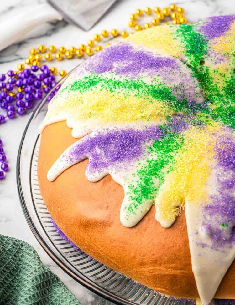 King cake with icing and sanding sugar