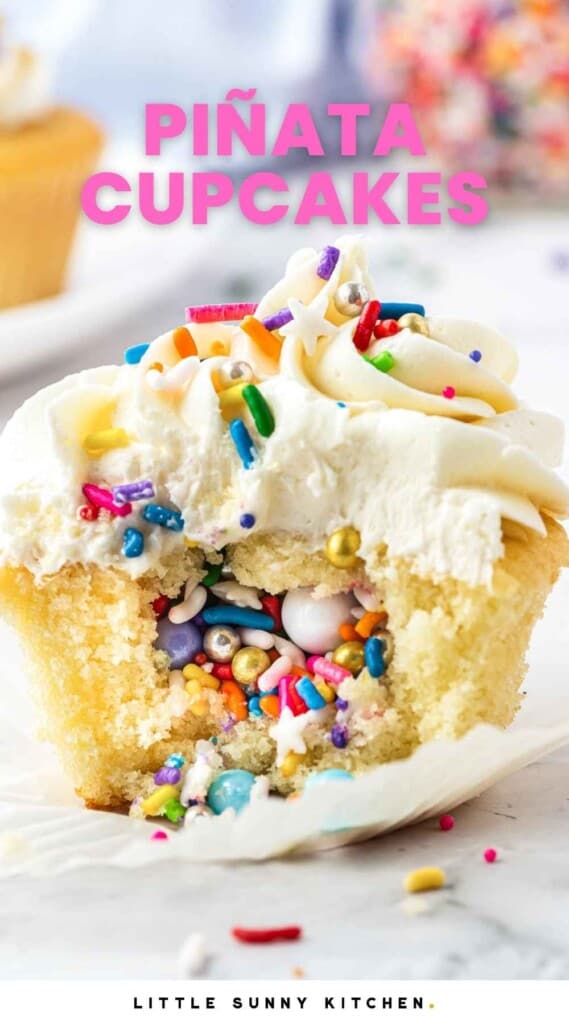 Pinata cupcake with spilled out sprinkles, and overlay text that says "Pinata Cupcakes"