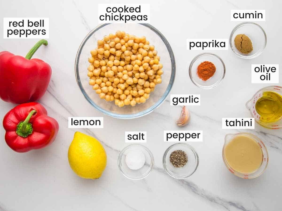 Ingredients needed to make oasted Red Pepper Hummus