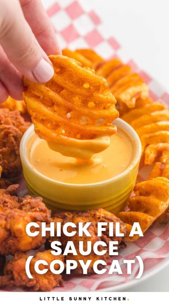 a waffle fry being dipped into sauce. Text overlay says Chick Fil A Sauce (copycat)