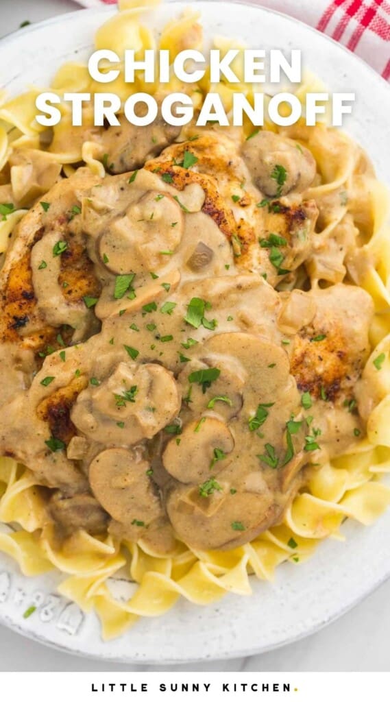a white plate of egg noodles and creamy chicken cutlet stroganoff