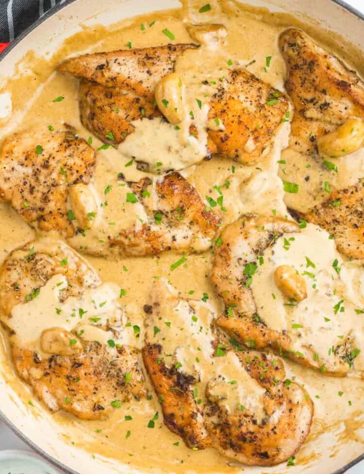 browned boneless skinless chicken breasts in a creamy sauce, inside of a skillet