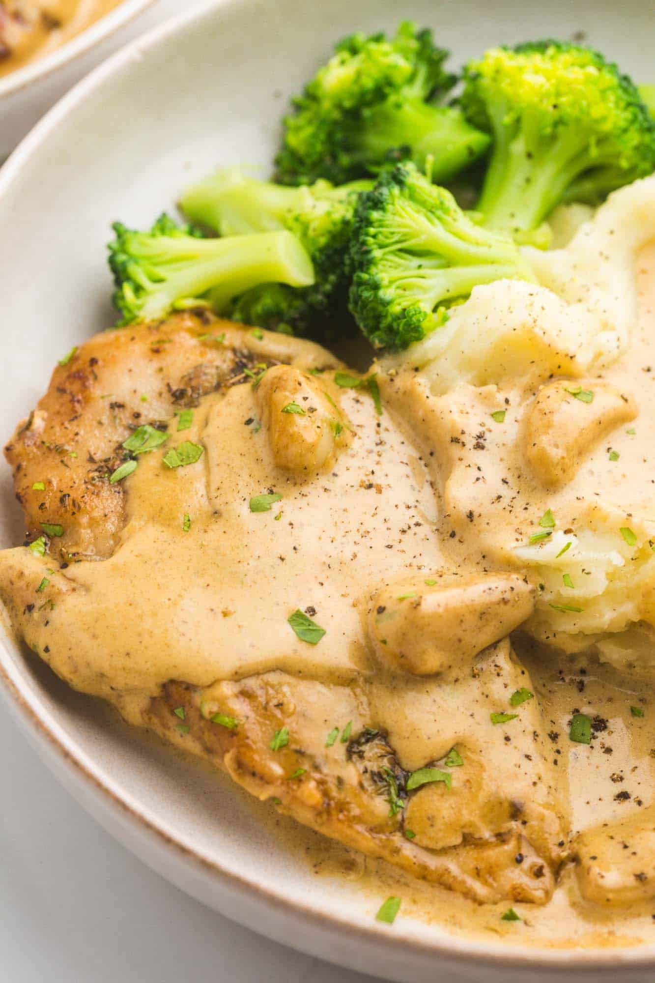 closeup of a plate of chicken with creamy garlic sauce with a side of broccoli