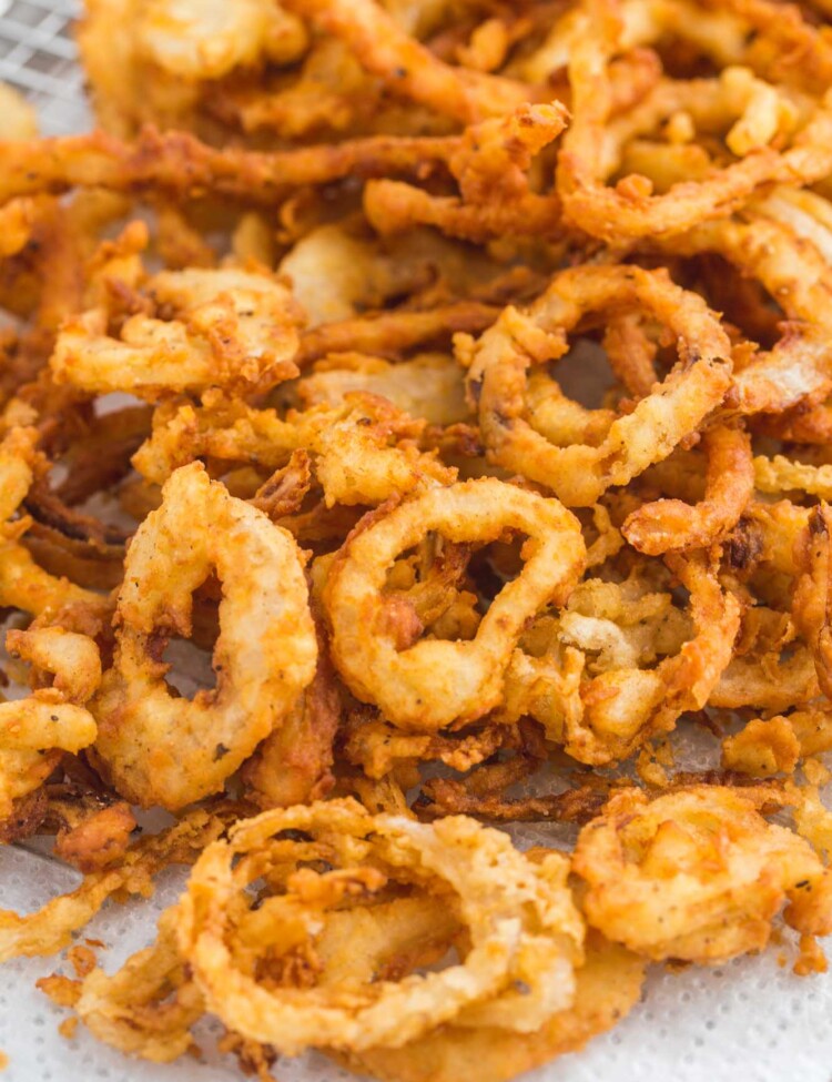 Fried onions on a wire rack