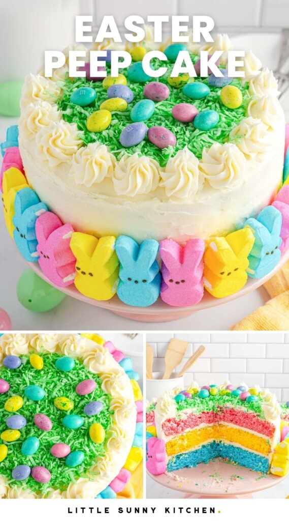 Collage of four images showing an easter peep cake, and overlay text that says "Easter Peep Cake"