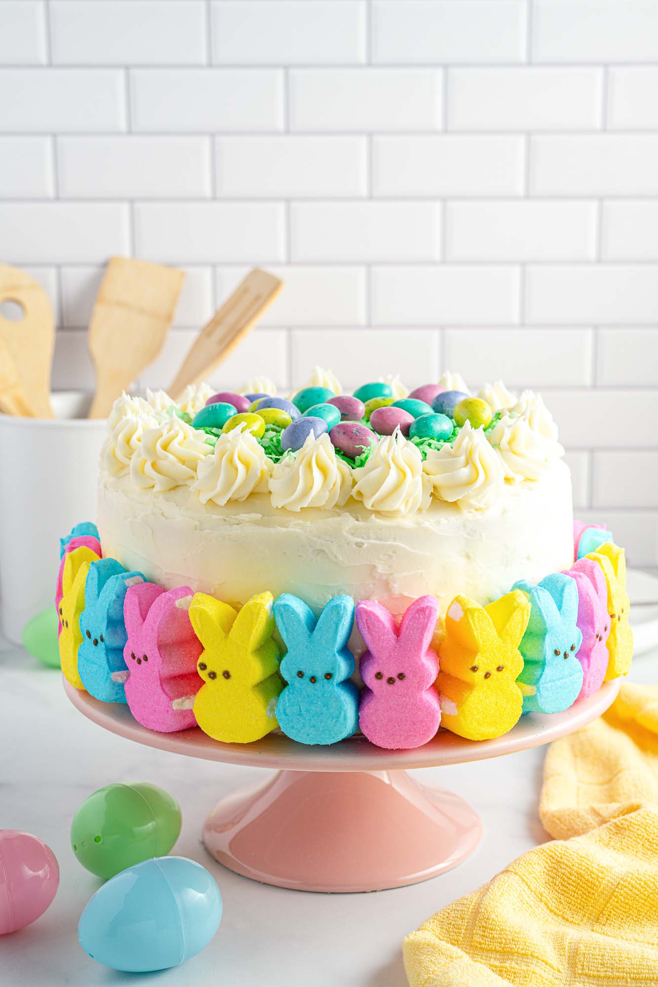 Easter peep cake on a cake stand