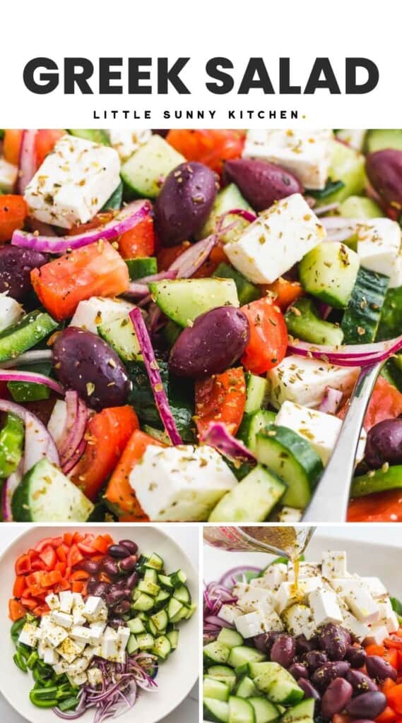 three images of greek salad with text at the top.