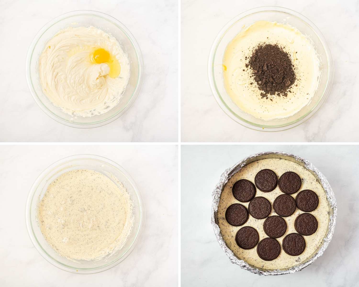 Collage of four images showing how to make an Oreo cheesecake mixture