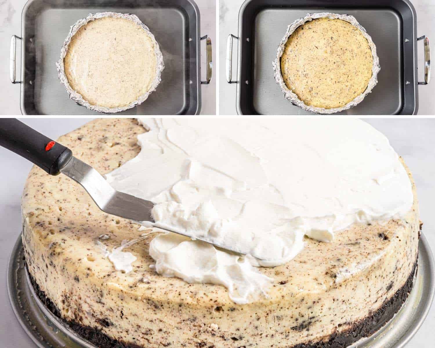 How to bake an oreo cheesecake and apply a layer of whipped topping