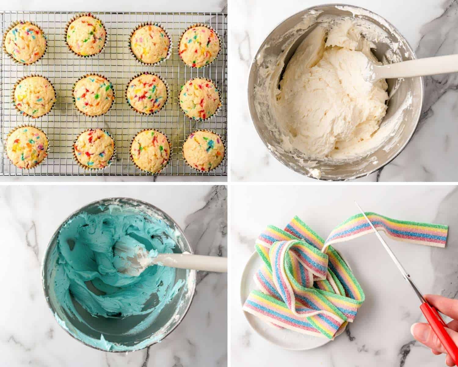 Collage of four images showing how to make frosting and prep decorations for rainbow cupcakes