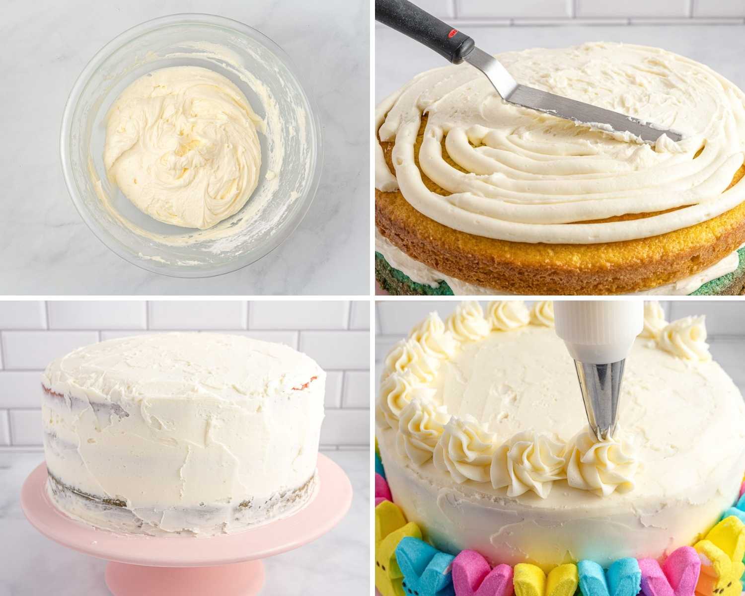 Collage of four images showing how to frost an Easter peep cake