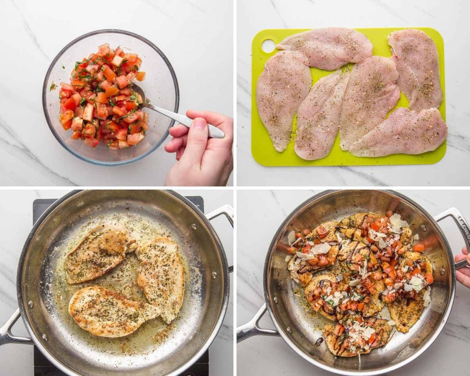 Collage of four images showing how to make Bruschetta Chicken in a skillet