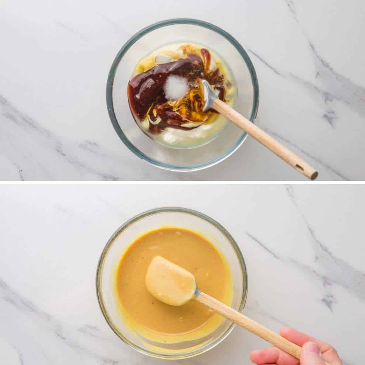 two photos showing how to mix up the ingredients for chick fil a sauce
