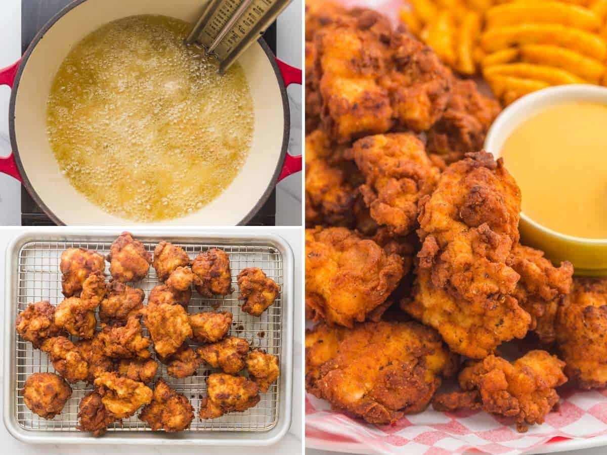 3 photos, collaged together, showing how to fry chick fil a nuggets in peanut oil