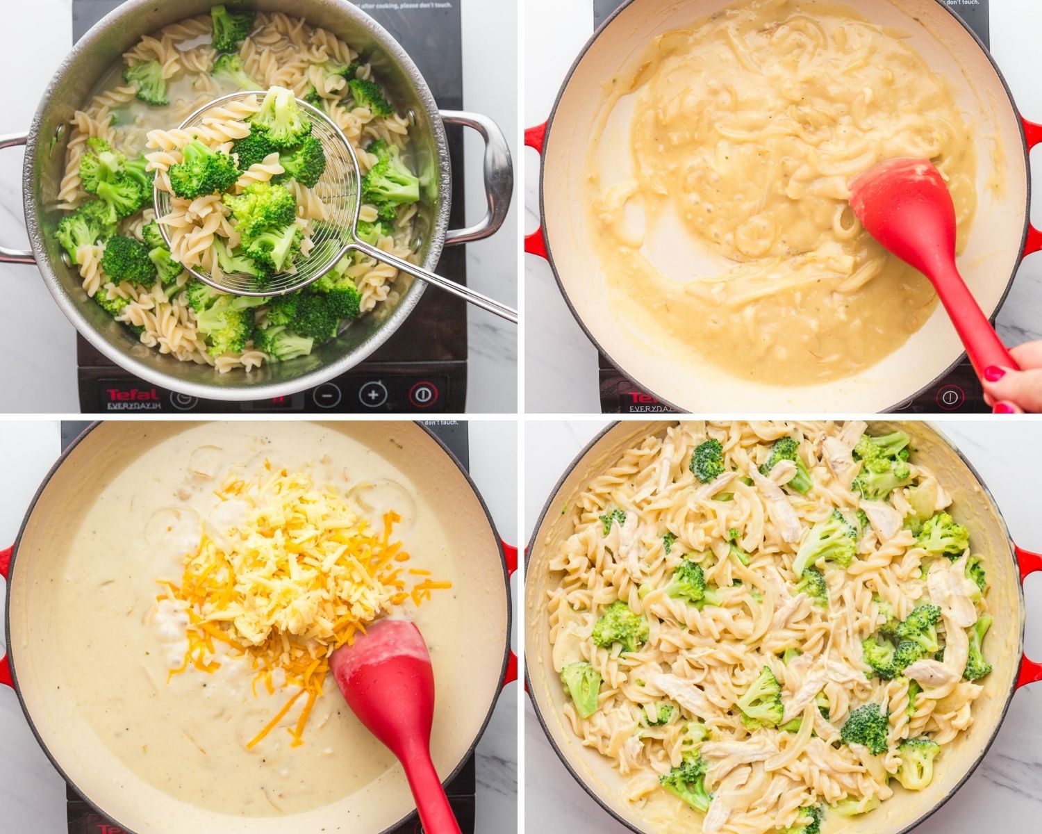 Collage of four images showing how to make chicken broccoli casserole