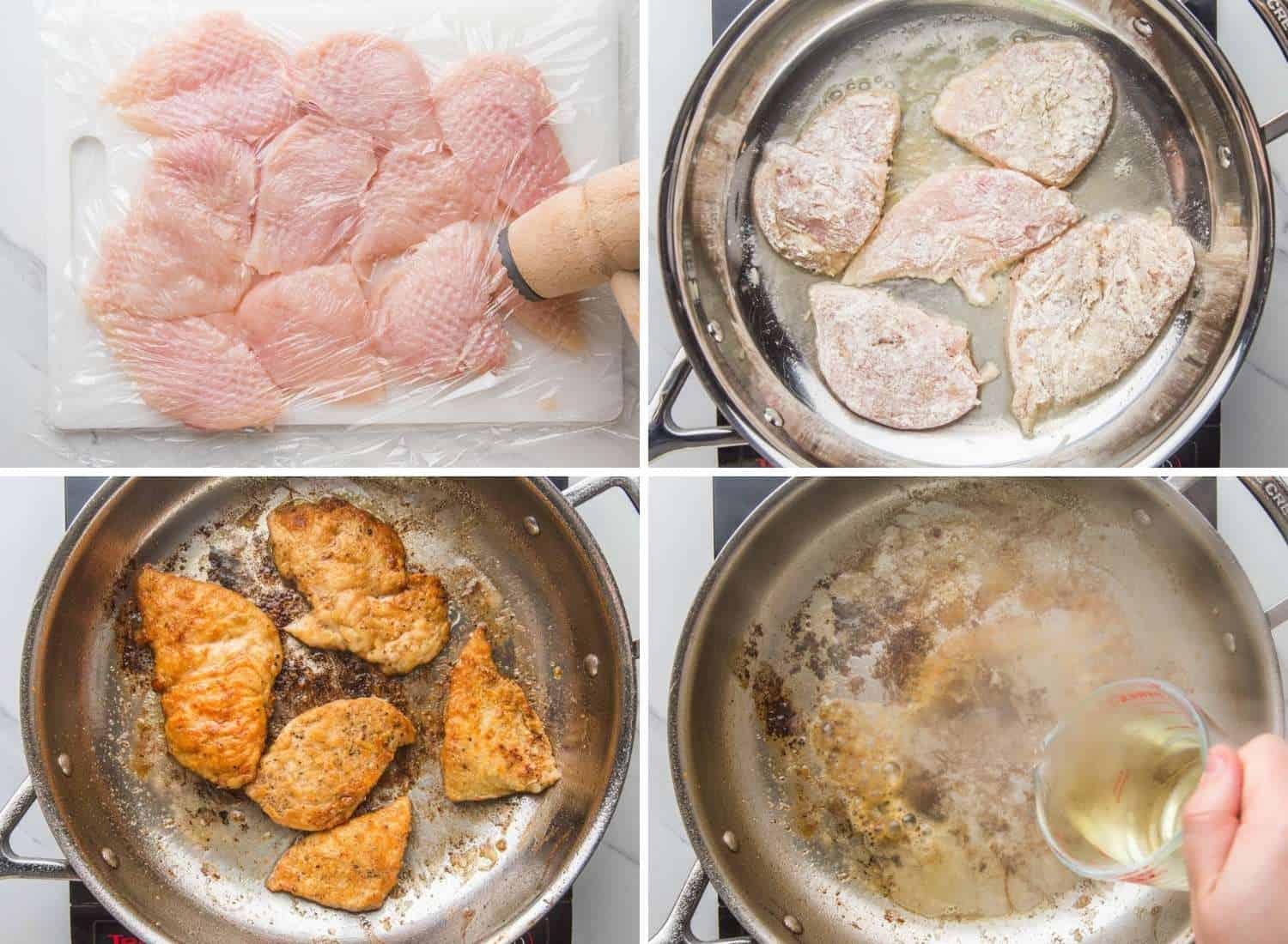 Collage of 4 images showing how to pound chicken breasts then pan fry them and deglaze the pan with wine