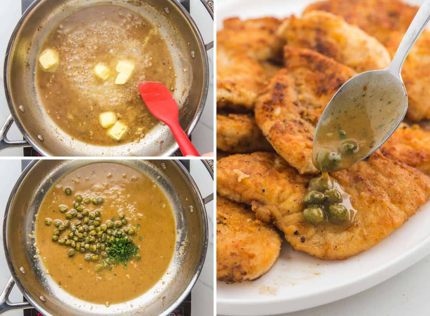 Collage of four images showing how to make piccata sauce